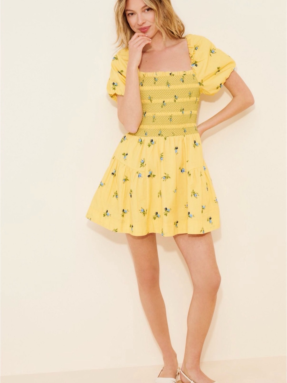 By anthropology Puff-Sleeve Square-Neck Smocked Mini Dress